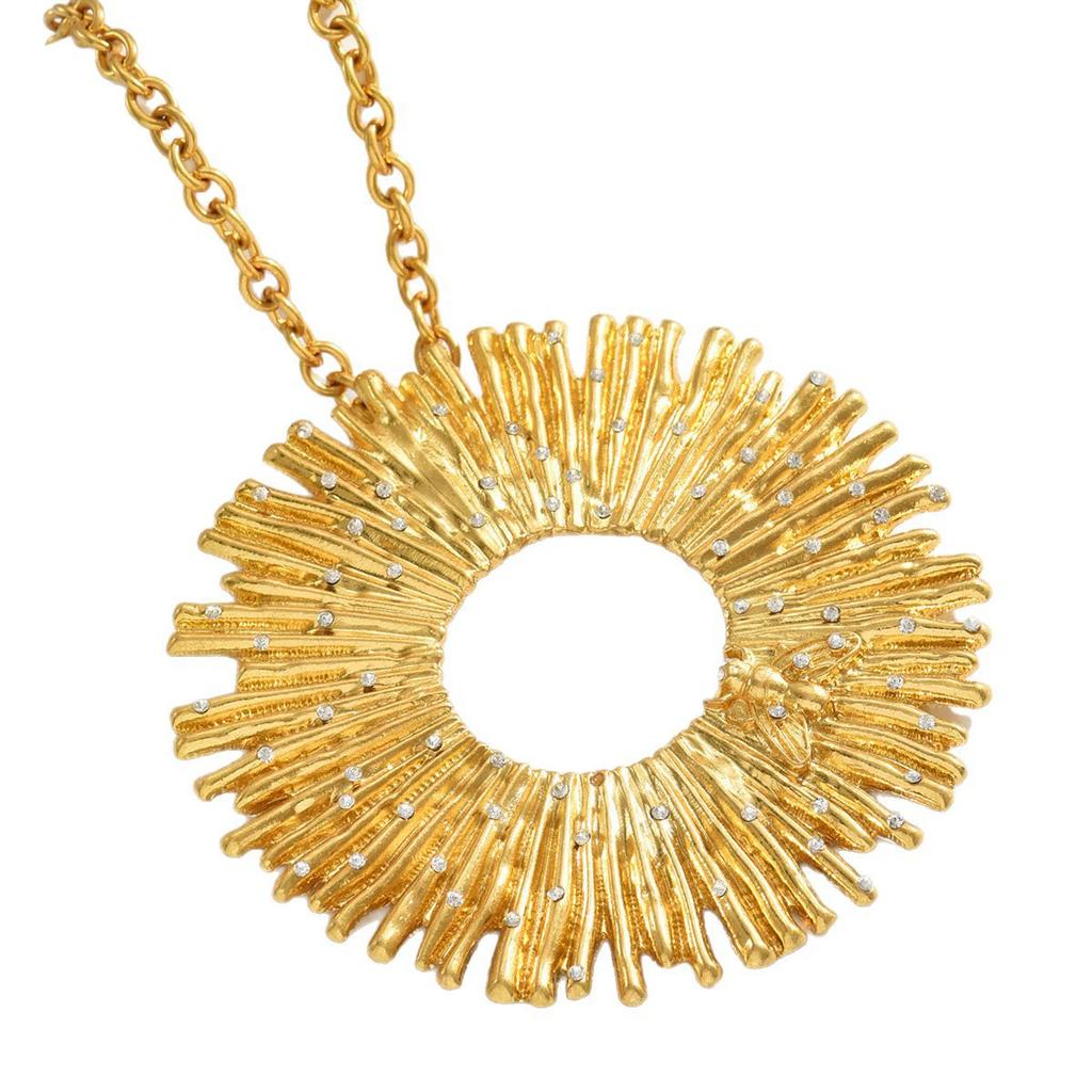 Retro Sunpatterned Rhinestone Necklace Gold Thick Chain Circular Pendant Exaggerated Individual Neck Chain Fashion Women Jewelry