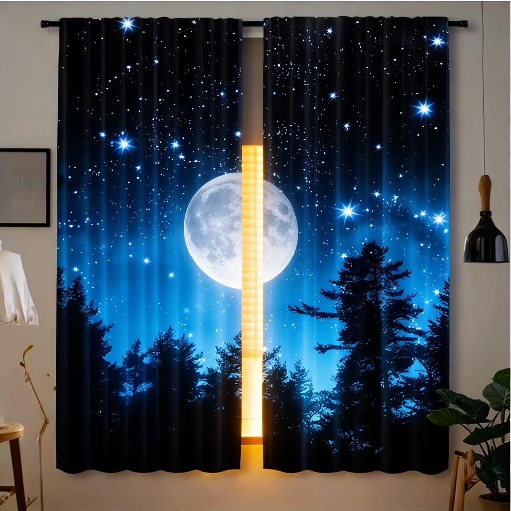 2pcs Forest Starry Sky Moon Night Curtains - Black Rod Pocket Window with Crescent Moon & Starry Sky Design, Perfect for Bedroom