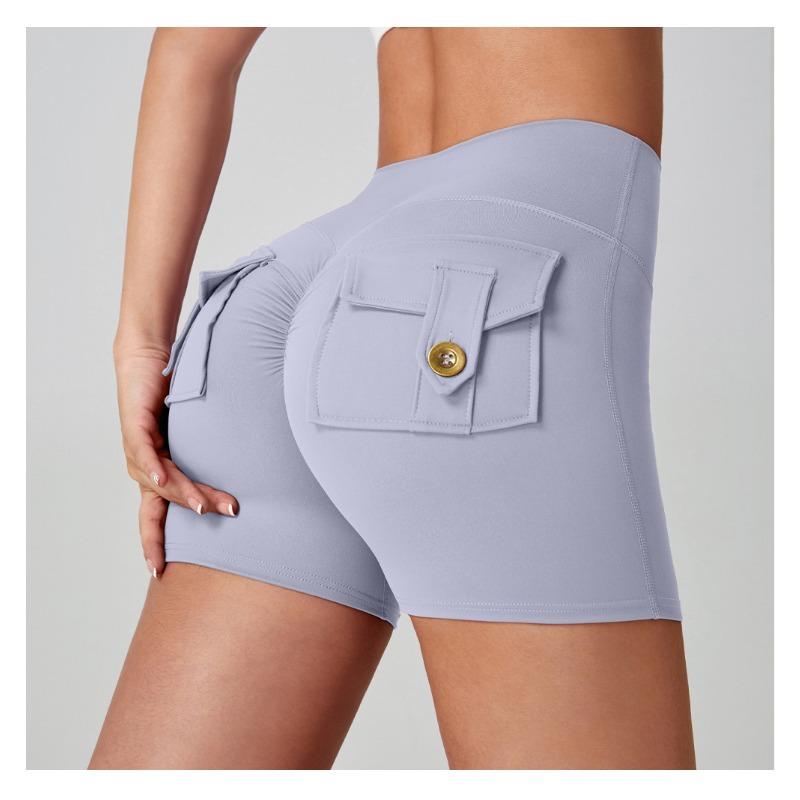 Dámské nákladní jógové šortky s vysokým pasem, design Broskvový zadek, kapsy, 3 body, Šortky na cvičení, Pocit nahoty, Vysoce elastické, Rychleschnoucí, Běžecké šortky
