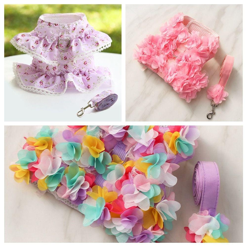 Kawaii Dog Harness Leash Set Floral Design Pet Chest Strap Pet Vest Style Harness  Training Use