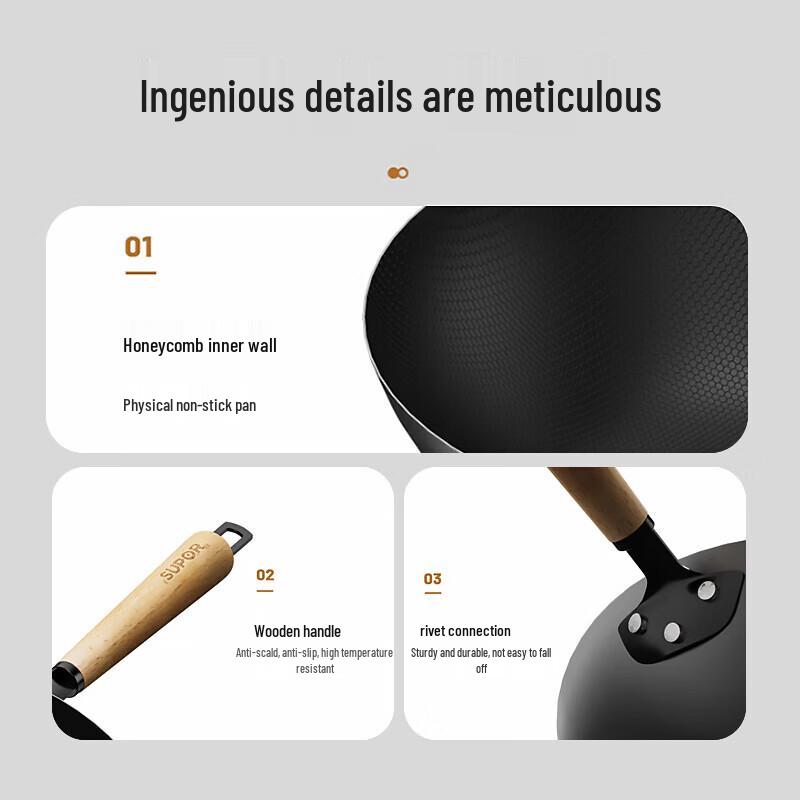 Wok SUPOR Profond en Fer Fin Sans Revêtement Antiadhésif, 32 cm