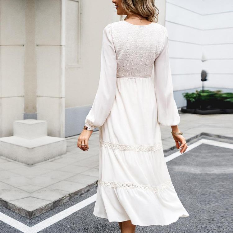 Elegante Vestido Largo para Mujer Cintura Alta Color Sólido Cuello O Manga Larga Otoño Invierno