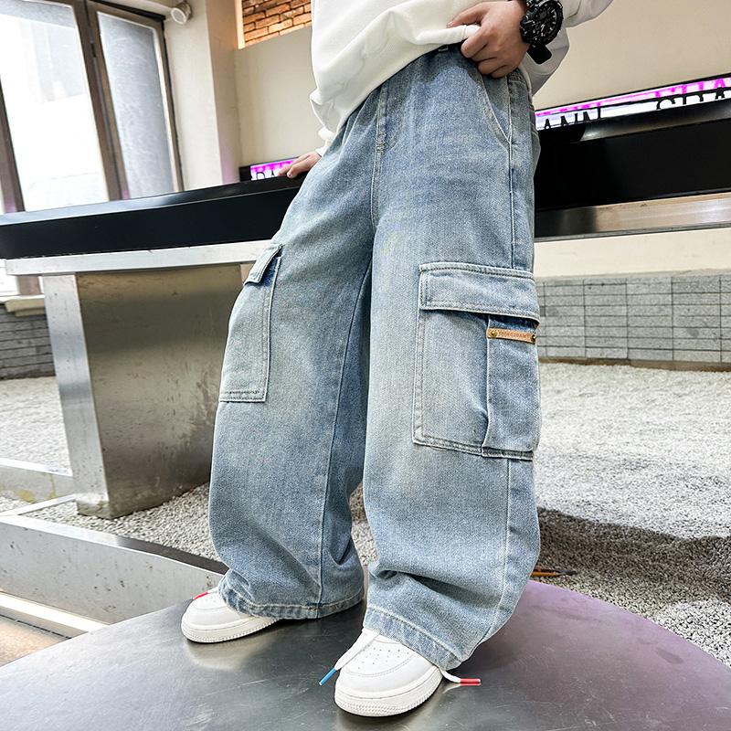 School Boys Casual Cargo Jeans With Pocket Preppy Loose Style Teenage Child Denim Pants High Fashion Kids Jeans Trousers 5-14 Y