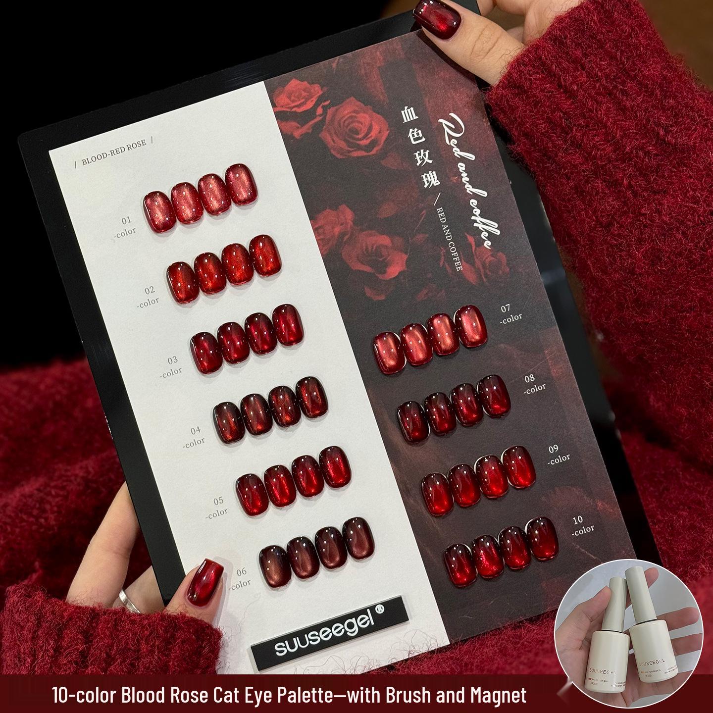 10-Color Autumn/Winter Cherry Red & Blood-Red Rose Cat Eye Gel with Ceramic White Glass Beads