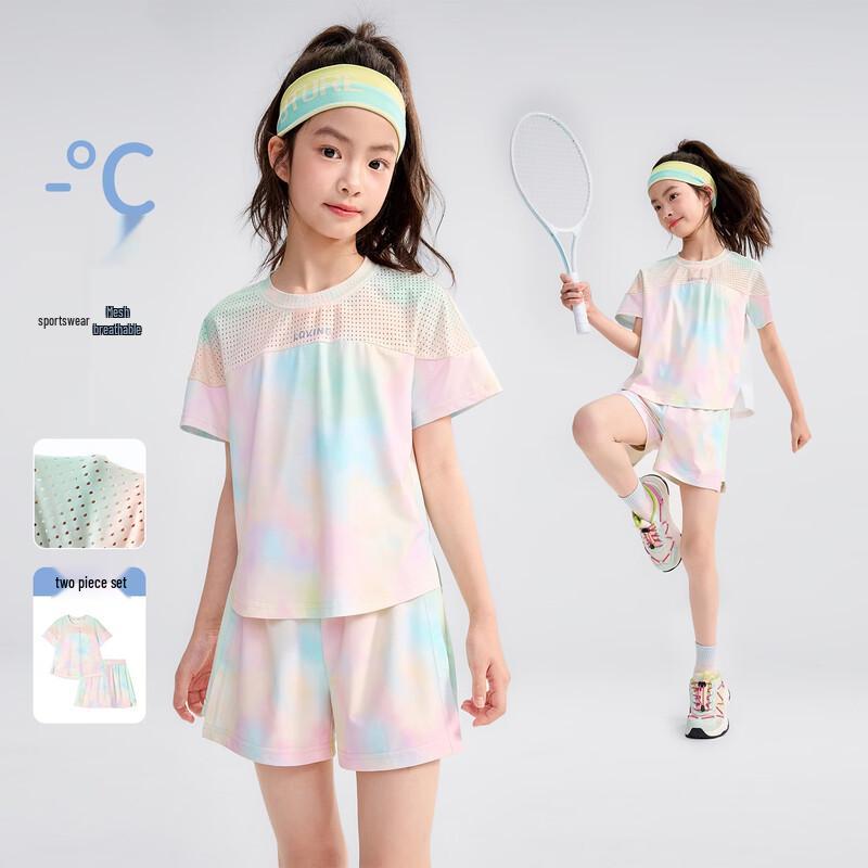 Girls' Sporty Gradient Mesh Short Sleeve & Shorts Set
