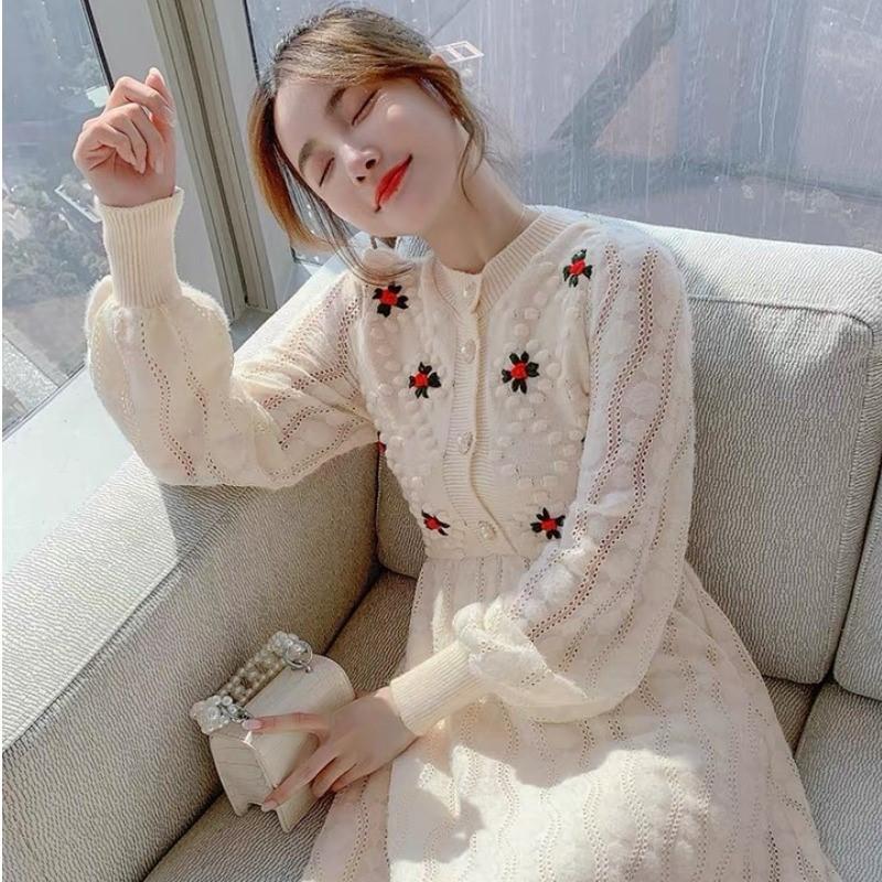 

Вязаный женский нежный ветер длиной до колена, тонкий свитер с вышивкой, юбка размера плюс L абрикосовый