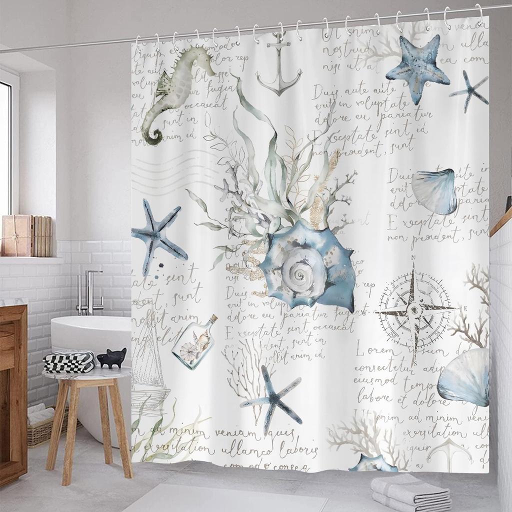 Coastal Turtle Shower Curtain Fish Coral Starfish Seashell Blue Ocean Beach Shower Curtains for Bathroom Waterproof Polyester Fa