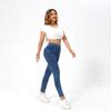 Evropský styl vysokopasové elastické jógové kalhoty s pravými kapsami - těsné provedení z imitace denimu