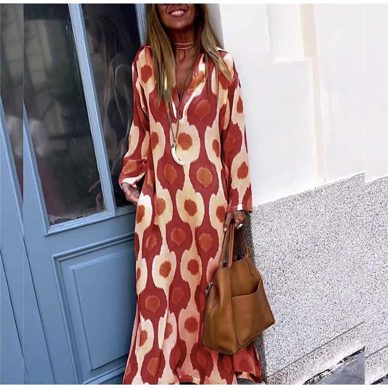 YYFS Women's Fashion Spring Autumn Colour Block Print Long Sleeve V-Neck Loose Waistline Casual Dresses