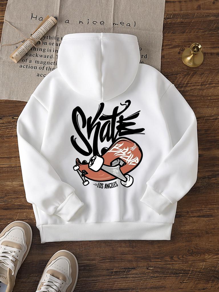 "Skate" Patterned Hoodie - a White Casual Loose Pullover, Perfect for Comfortable Wear In Spring And Autumn