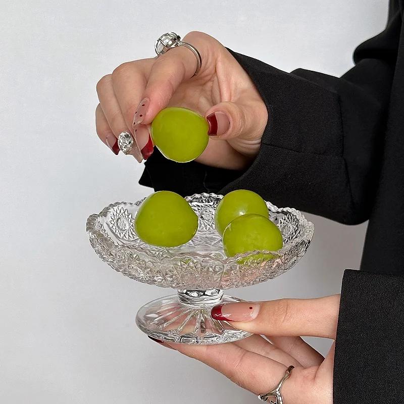 Small Embossed Glass Fruit Bowl Crystal Clear Pedestal Serving Dish for Dessert Snacks Elegant Storage Tray Compact Table Decor