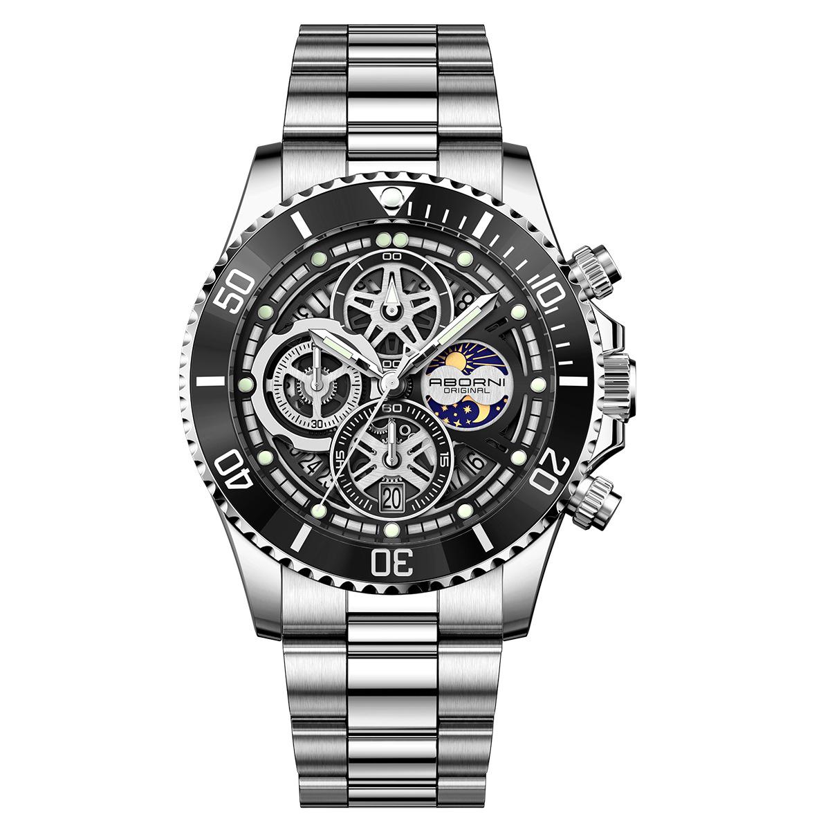 

ABORNI Fashion Green Submariner Mechanical Style Hollow Watch Calendar Luminous Waterproof Multifunctional Quartz Men s Watch чёрный