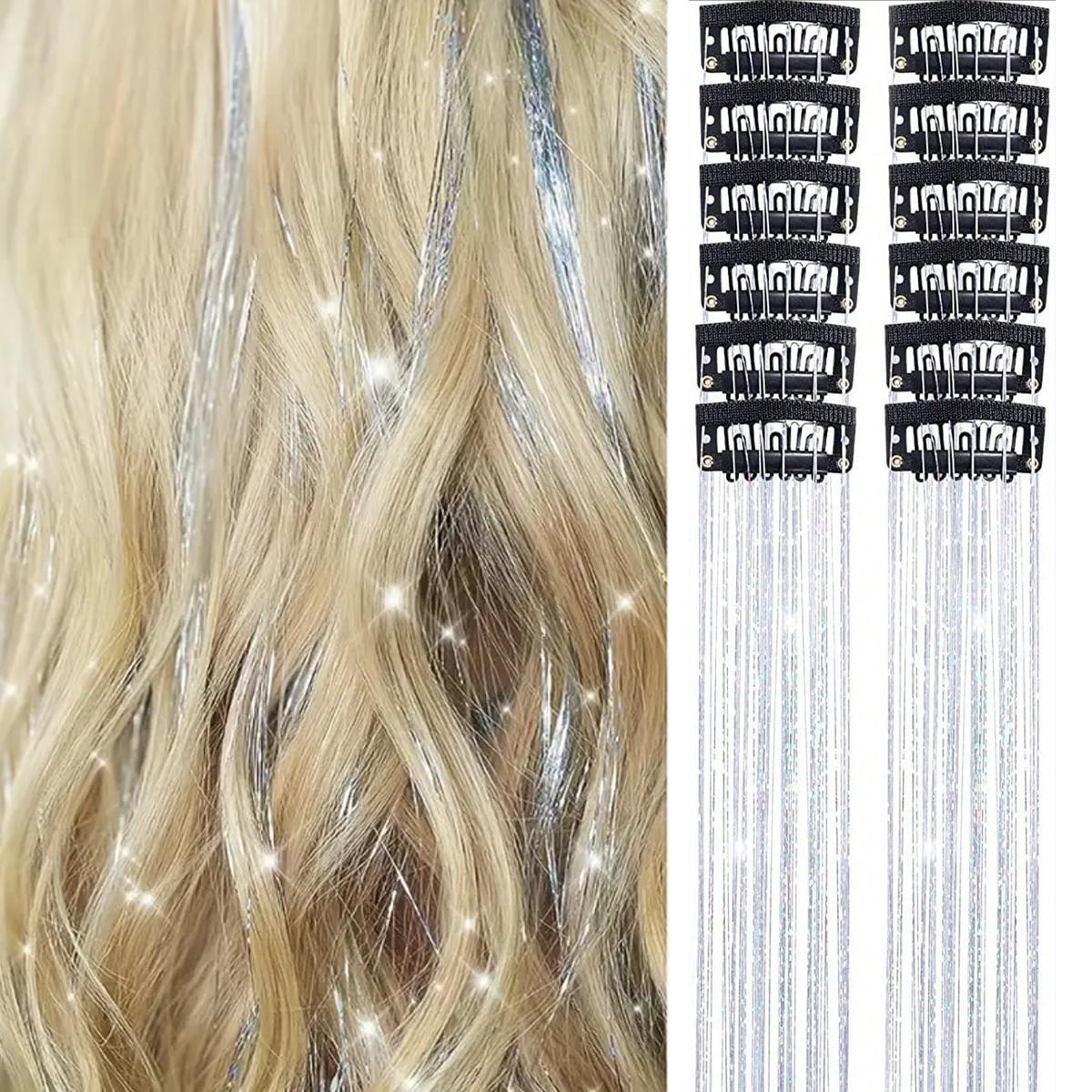 

12 шт. Синтетична мішура для волосся на кліпсах 20 дюймів Блискуча мішура Кліпса для волосся Набір мішури для волосся Термостійке Блискуче Чарівне волосся 20inches