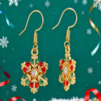 2025 Colorful Rhinestone Snowflake Dangle Earrings - Elegant Six-Petal Design for Women's Christmas Jewelry