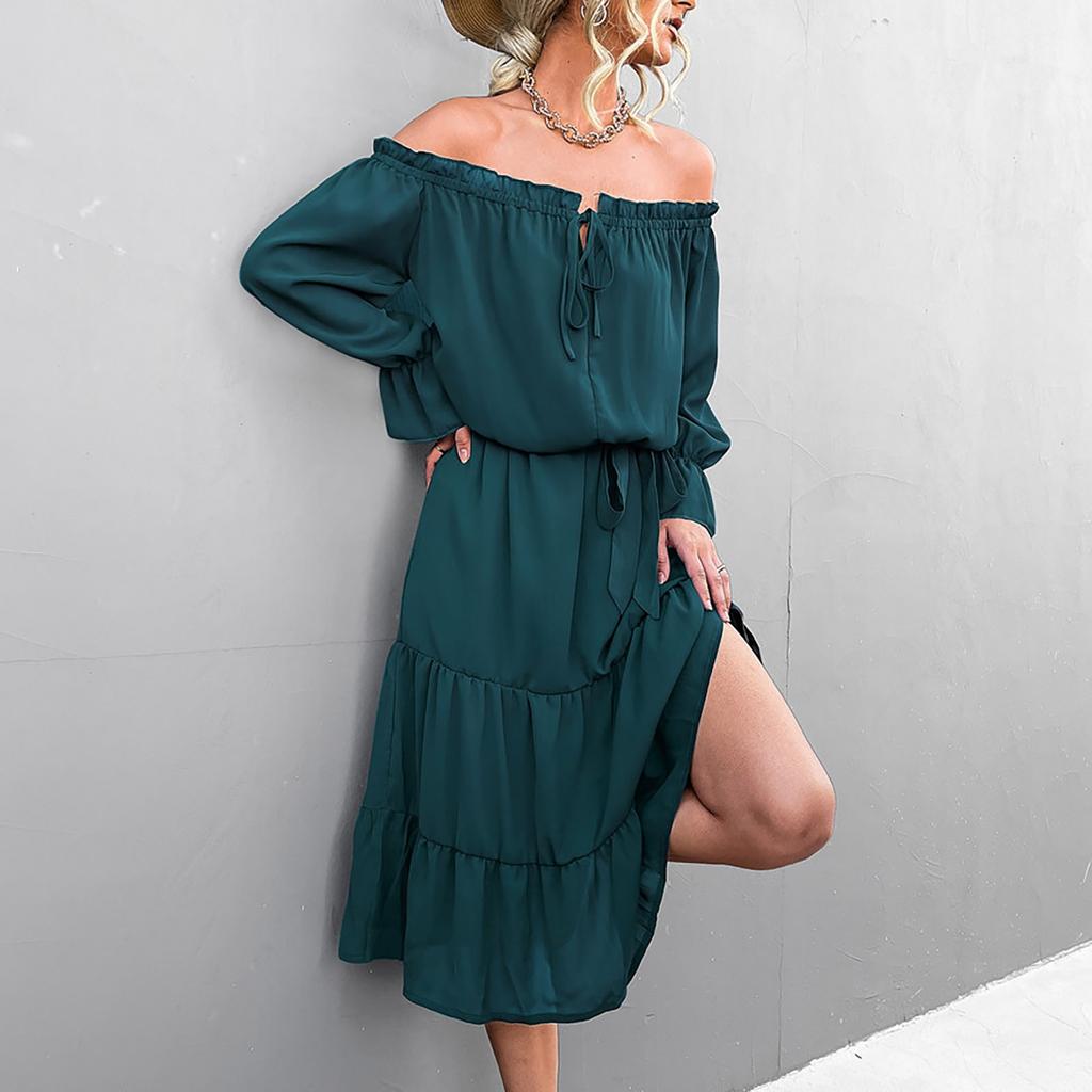 Women's Sexy Off Shoulder Lace-Up Long Sleeve Dress Midi Dress