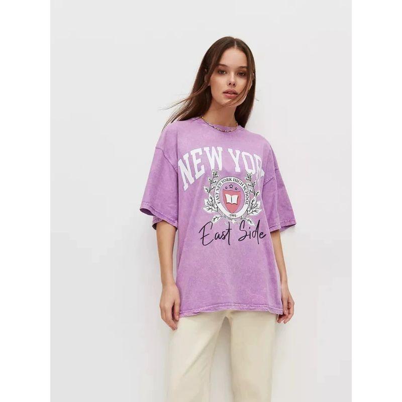 Fashionable Printed T-shirt European and American New Washed Old Loose Print Cotton T-shirt Top