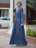 A1325 Arabian Washed Denim Long Dress with Drawstring Waist and Spliced Long Sleeves