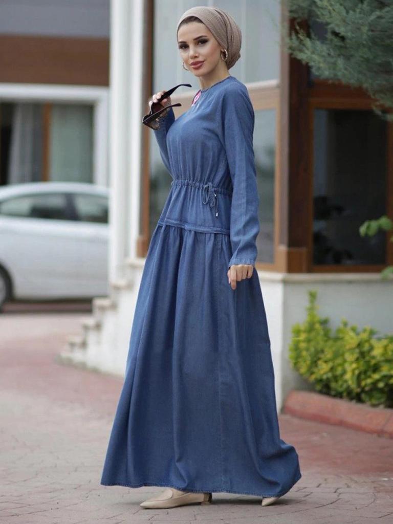 A1325 Arabian Washed Denim Long Dress with Drawstring Waist and Spliced Long Sleeves
