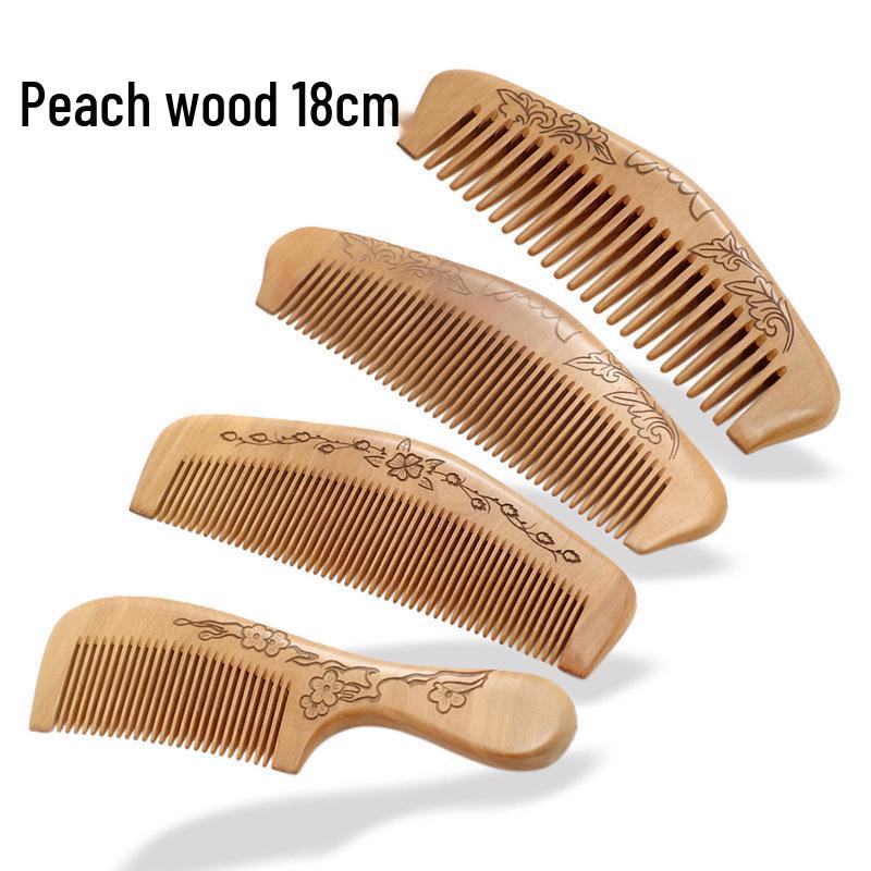 Peach Wood Carved Comb with Fine and Medium Teeth - Handleless, Floral Design