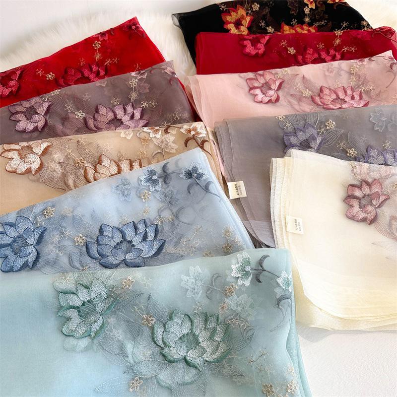 Hand-Embroidered Mulberry Silk Scarf - Elegant Spring & Autumn Shawl