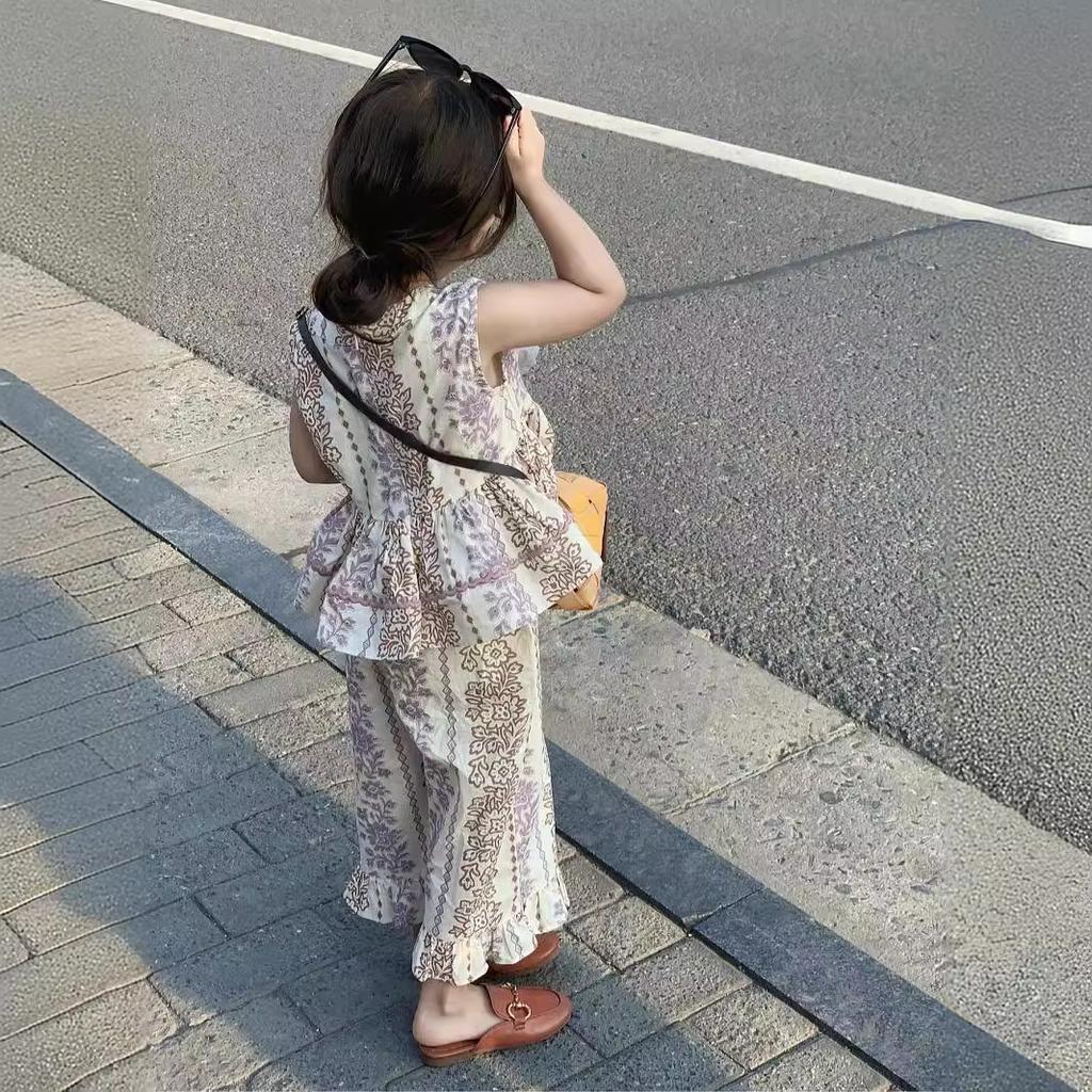 Kız Çocuk Yaz Etnik Stil Çiçekli Set İnce Kolsuz Günlük Üst + Dantelli Düz Pantolon İki Parça Set