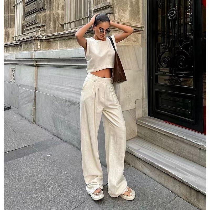 Fashion Style Summer Fashion Casual Khaki Sleeveless Top and Trousers Two-piece Set Vest and Pants Set