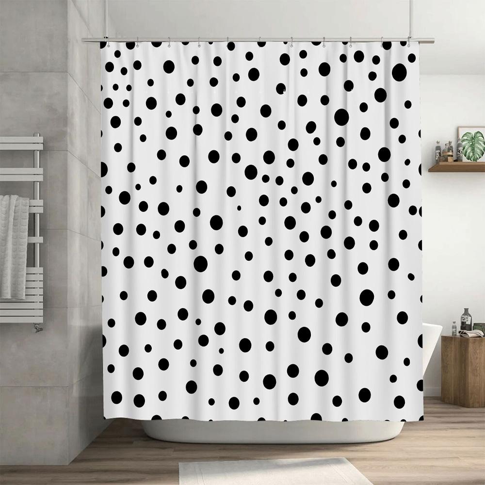 Modern Badrumsdekoration Duschdraperi med Svarta Prickar Vattentätt Tyg för Badkar Vit Badkarsinlägg med Stångficka (180x180cm)