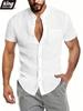 Men's White Linen Blend Short Sleeve Mandarin Collar Button Down Shirt, Chest Pocket Slim Fit Breathable Casual Beach Resort Vacation Top