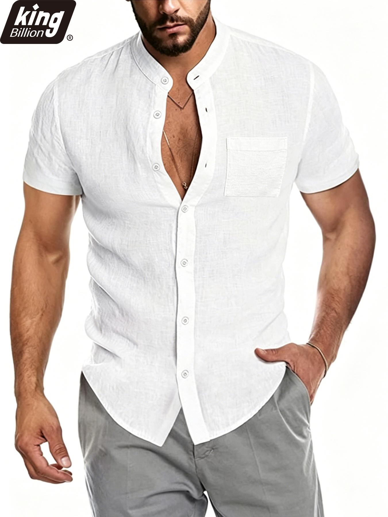 Herren Weiß Leinenmischung Kurzarm Mandarin-Kragen Knopfleiste Hemd, Brusttasche Slim Fit Atmungsaktiv Lässig Strand Resort Urlaubs Oberteil XL weiß