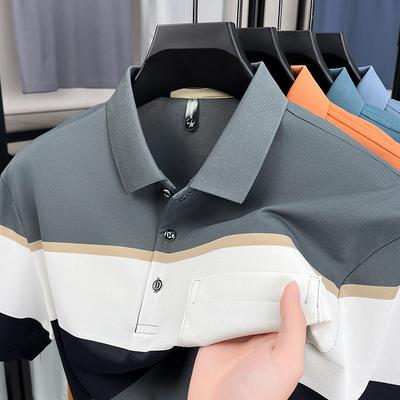 Pure Cotton Wide Stripe Color Blocked Short Sleeve Polo Shirt Fashion Men Comfortable Pocket Summer Breathable New T-shirt