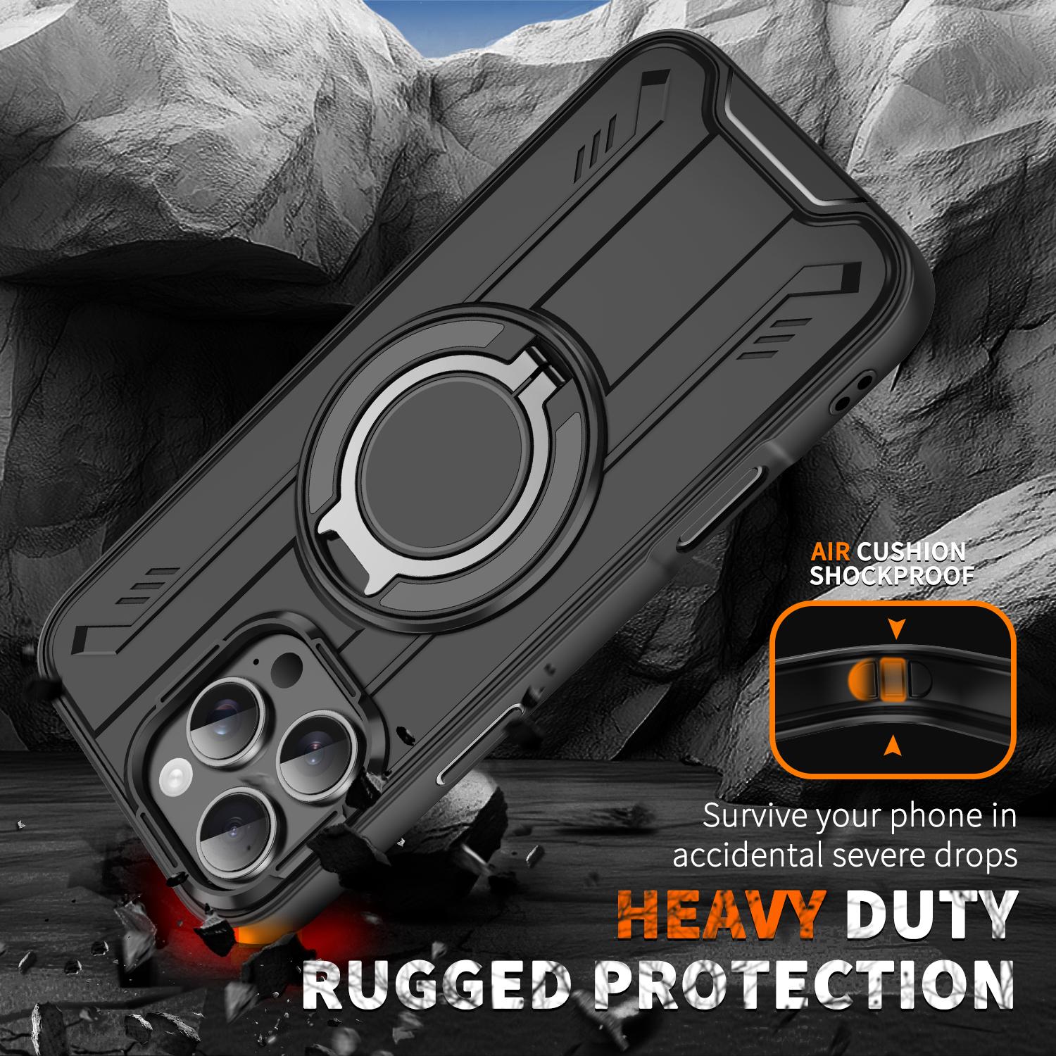 

For iPhone 16 Pro Case Compatible with MagSafe Rotating Ring Kickstand PC+TPU Shockproof Phone Cover Orange