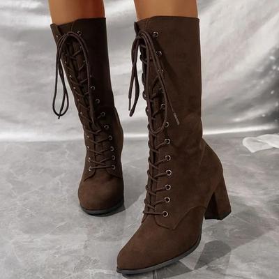 Neue Damenschuhe, Stiefel mit mittlerer Wade, modische Schnürung, moderne Stiefel, sexy, spitze Zehenpartie, Übergrößen
