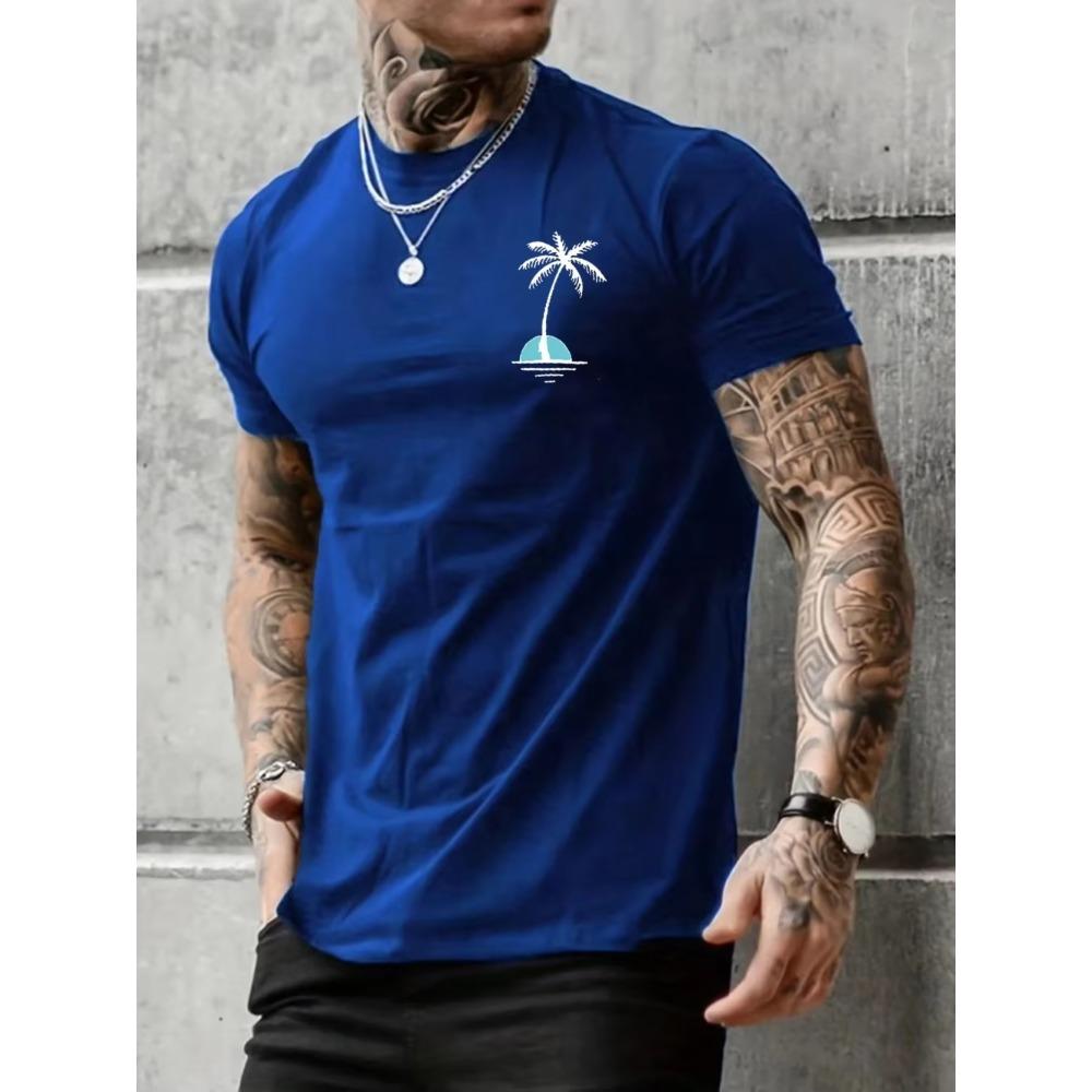 Men's Summer Casual Loose Size 100% Cotton Coconut trees Print Round Neck Short Sleeve T-shirt Top