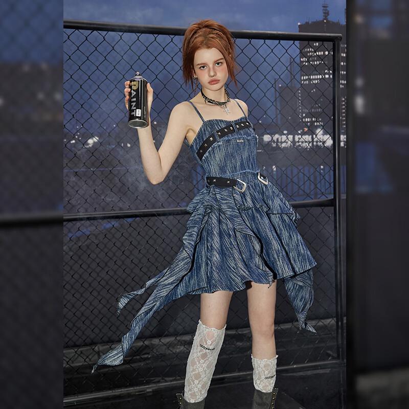 UNIFREE Celebrity Asymmetric Denim Cami Mini Dress