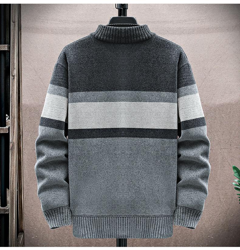 Men's Striped Zippered Cardigan Sweater - Thick Warm Color-Blocked Knitwear for Casual Fall Winter Wear