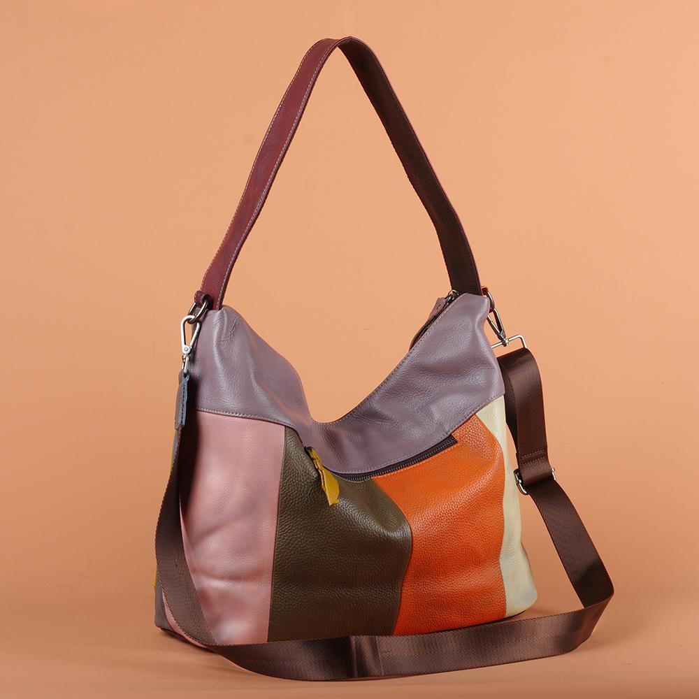 Geantă din piele naturală pentru femei, cu cusături de culoare din piele, lucrată manual cu personalitate retro europeană și americană