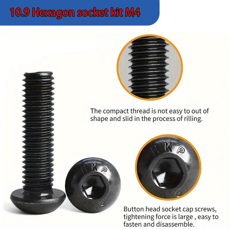 300pcs M4 Black Hex Pan Head Screws and Nuts Set, Black Round Cup High Strength Screws