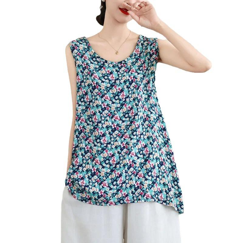 New Summer Large-size Women's Vest Ice Silk Wrinkled Loose Belly Covering Bottom Shirt Mother Wear Middle-aged and Elderly Round Neck Top