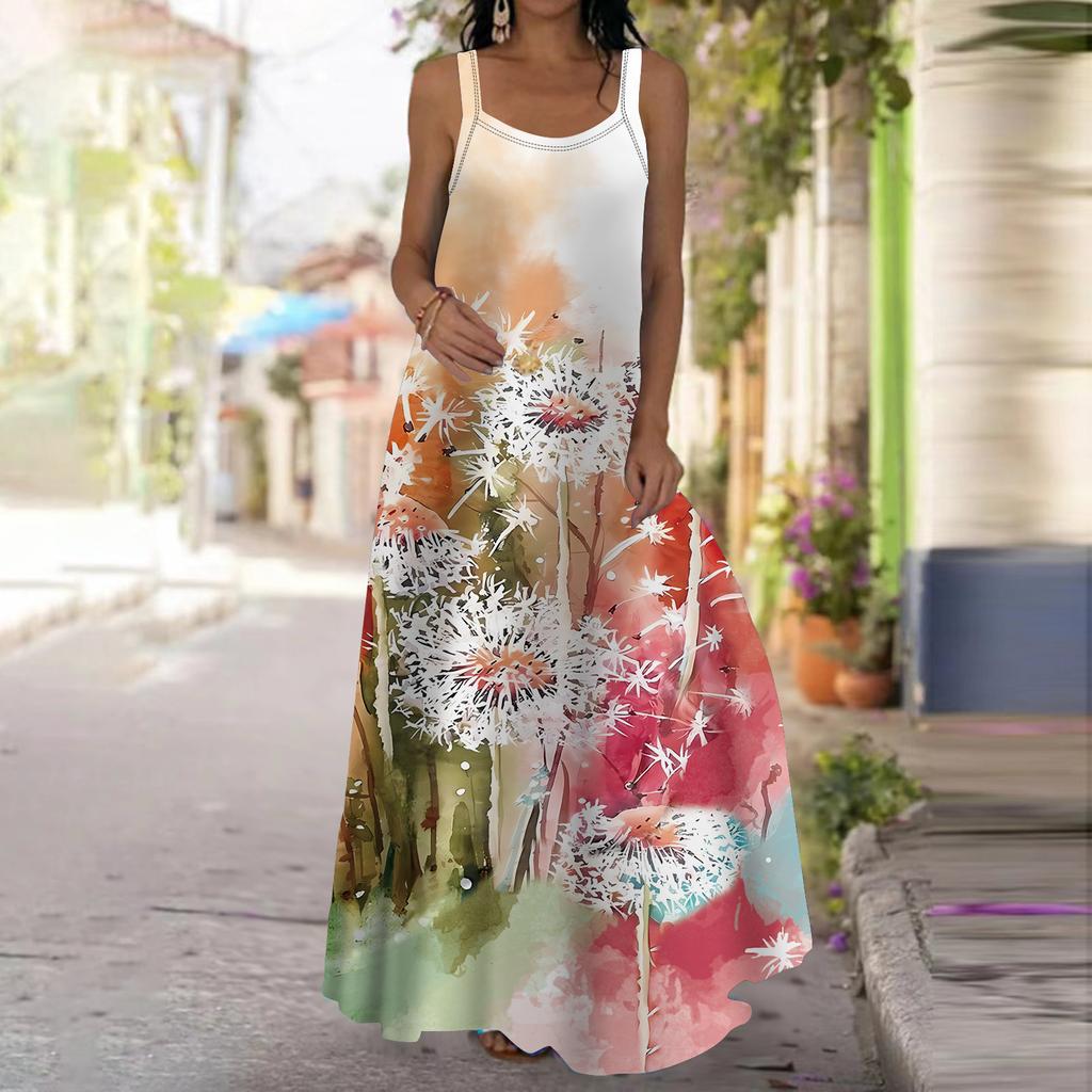 Damen Slip Dress Maxi Langes Kleid Rotes Kettenrosen-Printkleid Frühling & Sommer Freizeit Urlaub