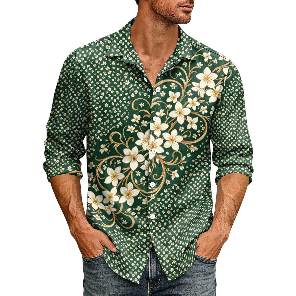 Men's Loose Fit Long Sleeve Button Down Shirt Hawaiian Style Retro Casual Beachwear Shirt with Spread Collar Suitable for Spring and Autumn
