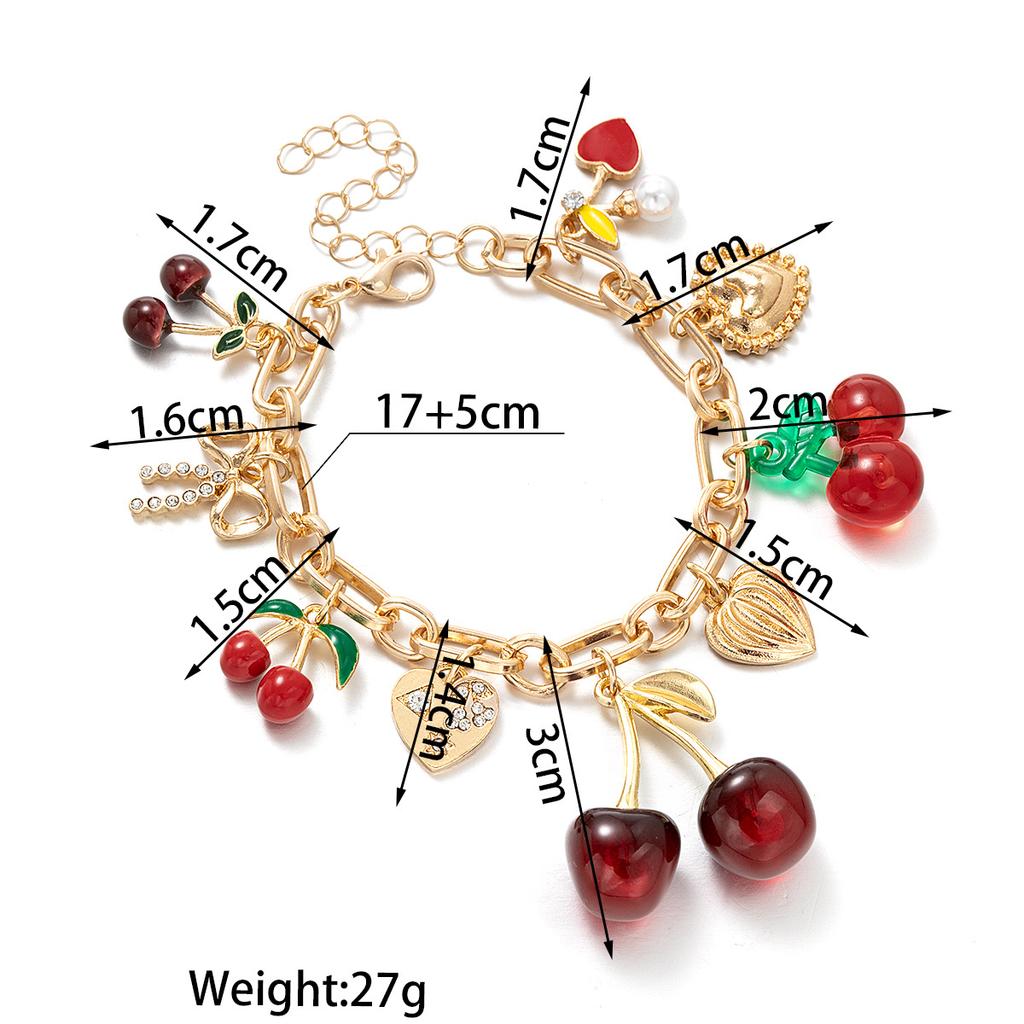 Fashion Personality Wind Cherry Alloy Peach Heart Bow Pendant Adjustable Bracelet Women's Creative Versatile Jewelry