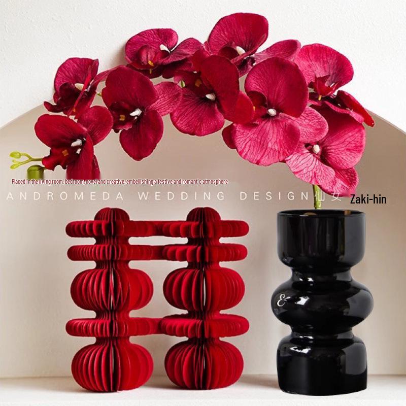 Chinese Style Double Happiness Wedding Vase with Red Phalaenopsis Artificial Flowers for Living Room or Bedroom Décor