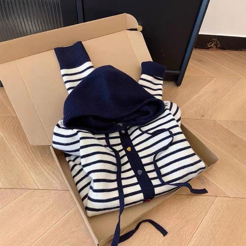 Contrasting splicing striped hooded long-sleeved knitted cardigan sweater jacket women's new early autumn top
