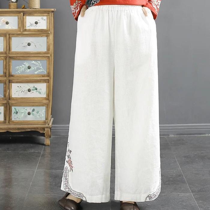 Tide Women's Spring Elastic Waist Cotton Linen Straight Leg Pants with Retro Embroidery