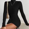 Women's Sexy Dress Solid Color Hollowed Out Long-sleeved Half-high Neck Package Hip Skirt Elegant And Comfortable