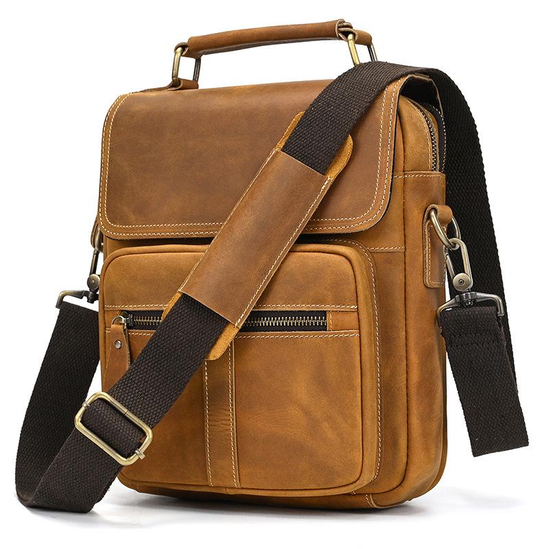 Men'S Genuine Leather Shoulder Bag Crazy Horse Leather Messenger Bag First Layer Cowhide Flip Shoulder Bag Casual Bag