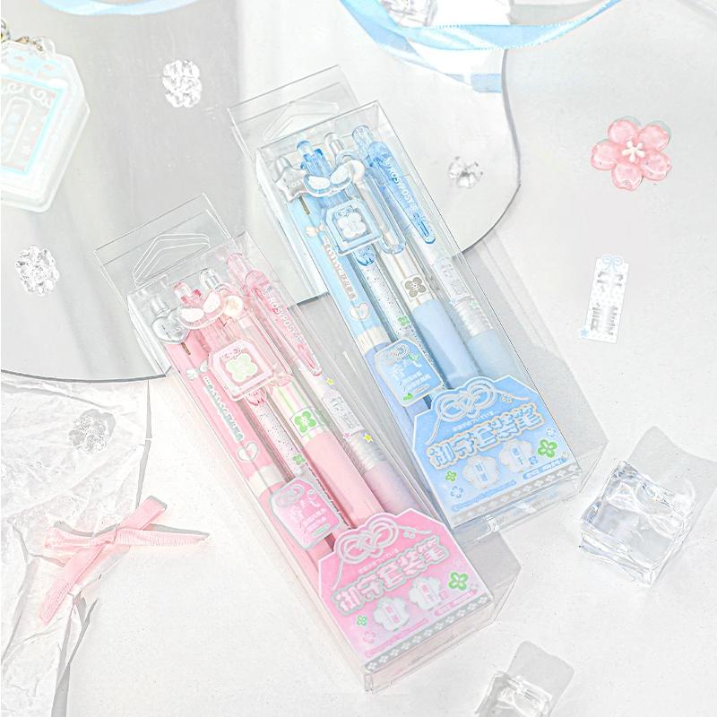 4pcs Good Luck Gel Pens Set Sweety Japanese Style 0.5mm Ballpoint Black Ink for Writing Student Back to School Kids Gift A3142