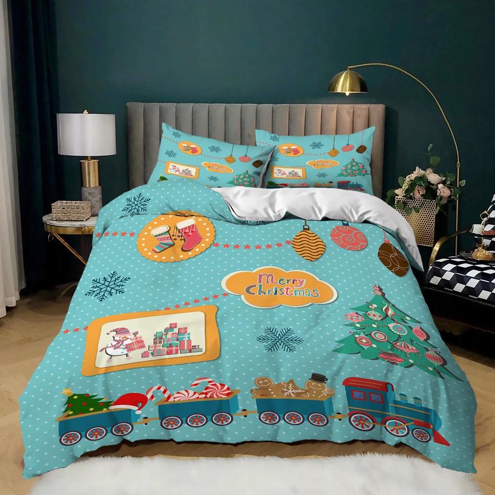 Pink Christmas Duvet Cover Snowman Pine Printed Cartoon Santa Claus Bedclothes for Girls Kids Women Teens Happy New Year Queen