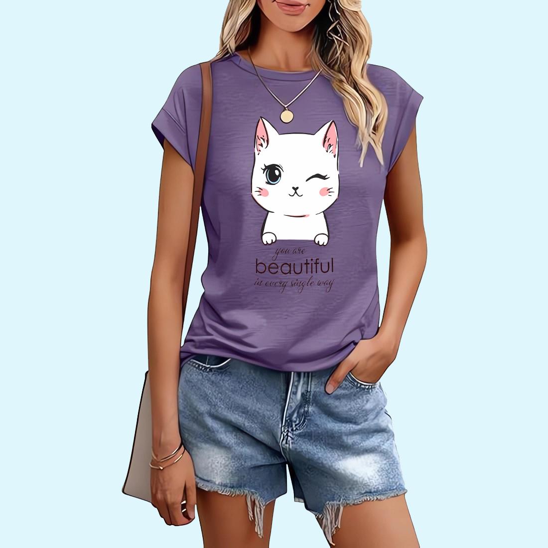 

Женская модная футболка с принтом кота, весенне-летняя повседневная женская футболка с круглым вырезом и коротким рукавом S фиолетовый