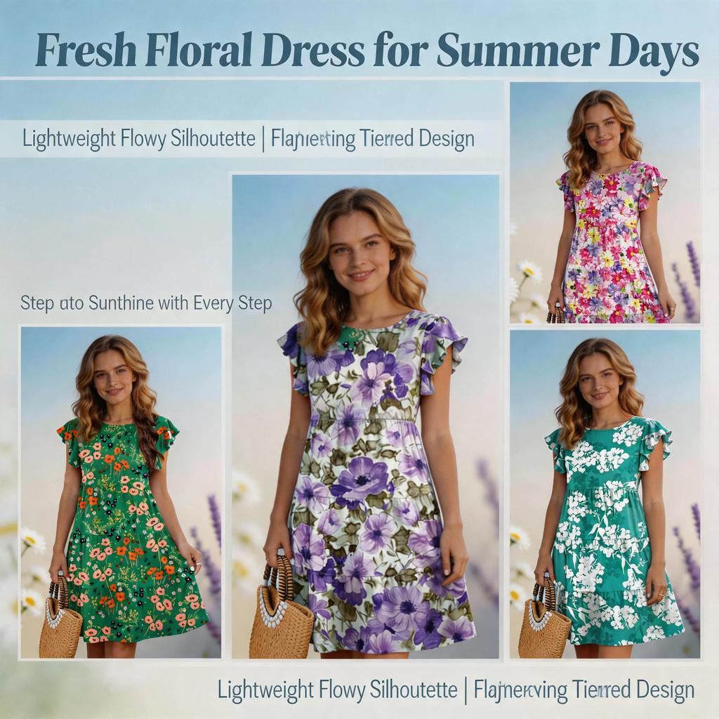 Women's Knee Length Dress Knitting Printing Dresses Summer Round Neck Flower Grace Artistic Sense Versatile Midi Dress
